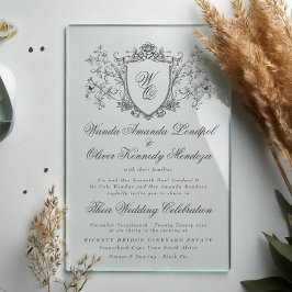 Invitaciones Acrílicas Escudo floral de Vinatage Boda de carbón vegetal d