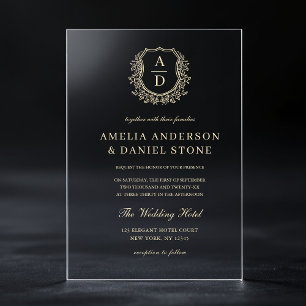 Invitaciones Acrílicas Escudo floral dorado Boda Monograma Elegante