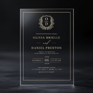 Invitaciones Acrílicas Escudo floral dorado Boda Monograma Elegante