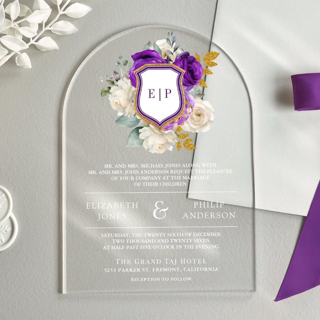 Invitaciones Acrílicas Escudo floral morado real Monograma Boda (Subido por el creador)