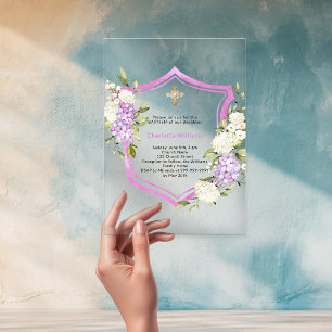 Invitaciones Acrílicas Escudo flores moradas rosadas chica Baptismo claro
