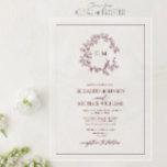 Invitaciones Acrílicas Escudo moderno de Borgoña  Monograma Boda<br><div class="desc">La elegancia y la intimidad están perfectamente encapsuladas en esta moderna invitación a la boda. El rico monograma burdeos se sitúa en el centro de una suave corona de delicada vegetación, que simboliza el amor floreciente de la pareja. Con su sofisticado guión y su diseño limpio, este diseño transmite la...</div>