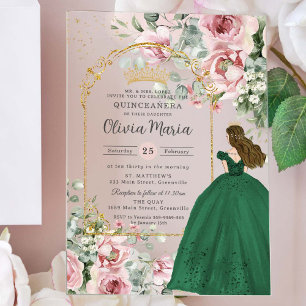 Invitaciones Acrílicas Esmeralda floral rosa Rubor Quinceañera dulce 16