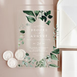 Invitaciones Acrílicas Esmeralda Verde Boda de bosque de otoño blanco<br><div class="desc">Estas invitaciones acrílicas de boda esmeralda y blanca de otoño son perfectas para un boda boho. El diseño es elegante y rústico,  con unas hojas de acuarela verde oscuro y un eucalipto con un toque bohemio moderno.</div>