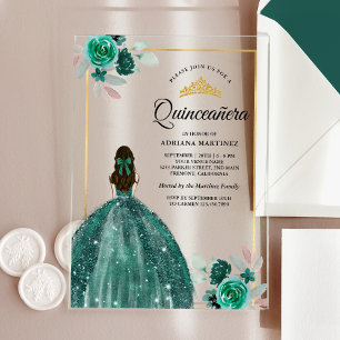 Invitaciones Acrílicas Esmeralda Verde Vestido Floral Oro Quinceanera