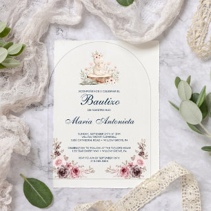 Invitaciones Acrílicas Español Bautizo De Niña Floral Bunny Baby