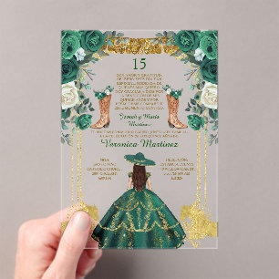 Invitaciones Acrílicas Español verde esmeralda boota oro 15 años cumpleañ
