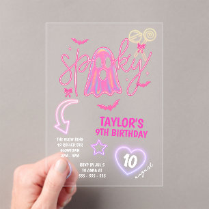Invitaciones Acrílicas Espeluznante Fantasma Neon Pink Halloween Cumpleañ