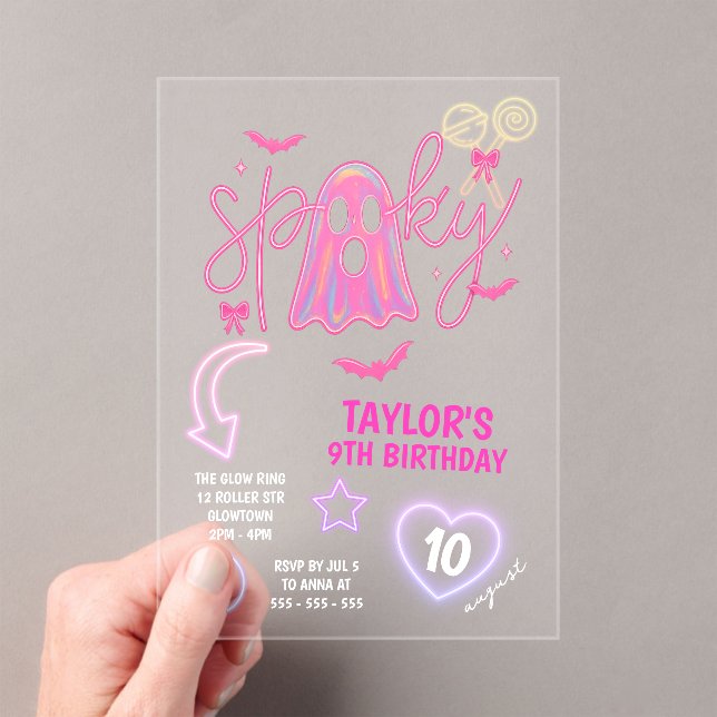 Invitaciones Acrílicas Espeluznante Fantasma Neon Pink Halloween Cumpleañ (Insitu (portátil))