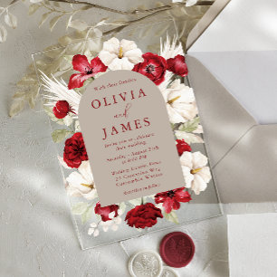 Invitaciones Acrílicas Espléndido Marco Floral Rojo Rubí Romántico Boda