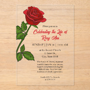 Invitaciones Acrílicas Esquela de funeral de Rosa Roja Elegante "Celebran