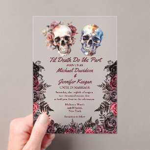 Invitaciones Acrílicas esqueleto elegante floral gótico boda de halloween