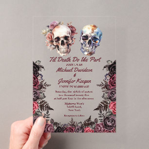 Invitaciones Acrílicas esqueleto floral elegante gótico boda de Halloween