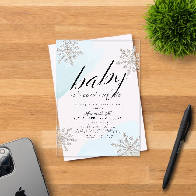 Invitaciones Acrílicas Está frío fuera del Baby Shower de color azul (Insitu (Tarjeta de Invitación))
