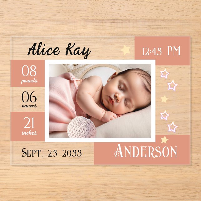 Invitaciones Acrílicas Estadísticas de nacimientos de bebés Una foto Invi (Anverso)