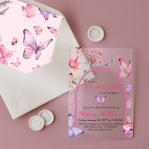 Invitaciones Acrílicas Estamos Encantados de Conocer a Pink Butterfly Bab