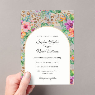 Invitaciones Acrílicas Estampado de leopardo floral tropical