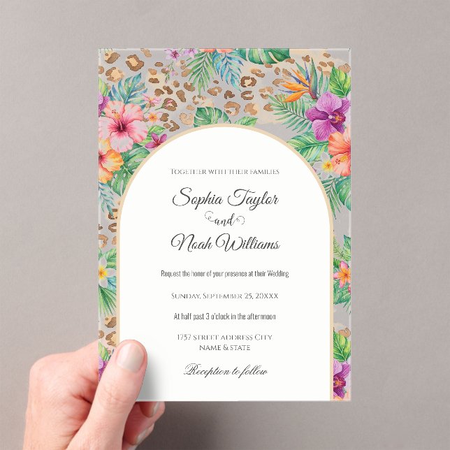 Invitaciones Acrílicas Estampado de leopardo floral tropical (Insitu (portátil))