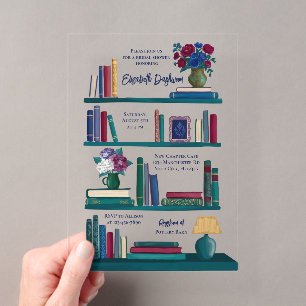 Invitaciones Acrílicas Estantería de libros de tonos joya para fiesta de 