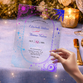 Invitaciones Acrílicas Estelar azul púrpura sol y luna de boda