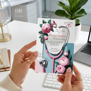 Invitaciones Acrílicas Estetoscopio de Graduación Rosas Rosadas Florales