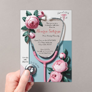 Invitaciones Acrílicas Estetoscopio de Graduación Rosas Rosadas Florales 
