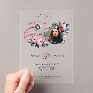 Invitaciones Acrílicas Estetoscopio de Graduación Rosas Rosadas Florales 