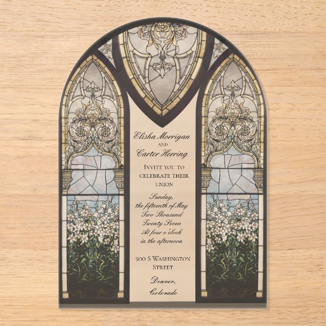 Invitaciones Acrílicas Estilo Catedral Efecto de Vidrio Pintado Boda (Anverso)