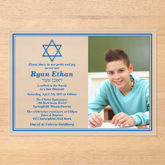 Invitaciones Acrílicas Estrella azul simple de David Photo Bar Mitzvah