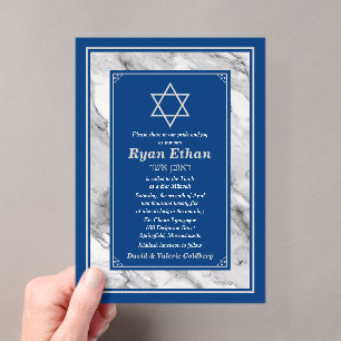Invitaciones Acrílicas Estrella de David Bar Mitzvah Mármol Azul Marino