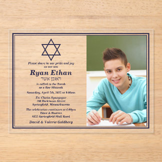 Invitaciones Acrílicas Estrella naval simple de David Photo Bar Mitzvah