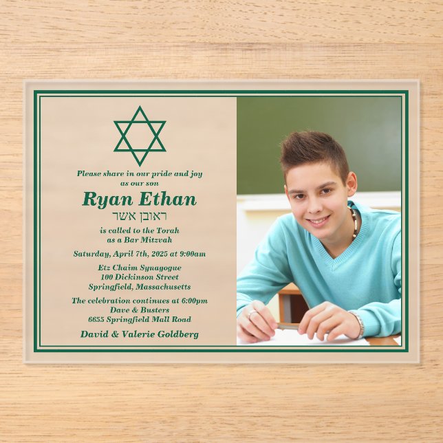 Invitaciones Acrílicas Estrella verde simple de David Photo Bar Mitzvah (Anverso)