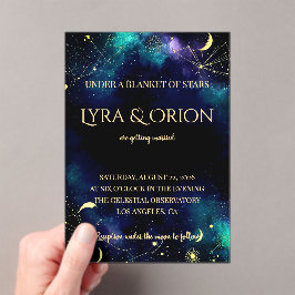 Invitaciones Acrílicas Estrellas Celestiales | Galaxia Dorada Verde Marin