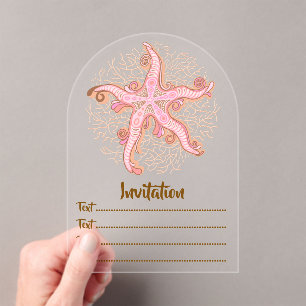Invitaciones Acrílicas Estrellas de mar y coral patrón pastel rosa