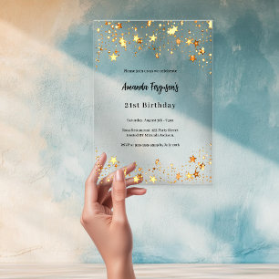 Invitaciones Acrílicas Estrellas de oro de cumpleaños despejadas