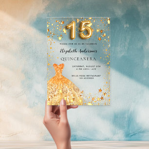 Invitaciones Acrílicas Estrellas de vestir de oro Quinceanera claras