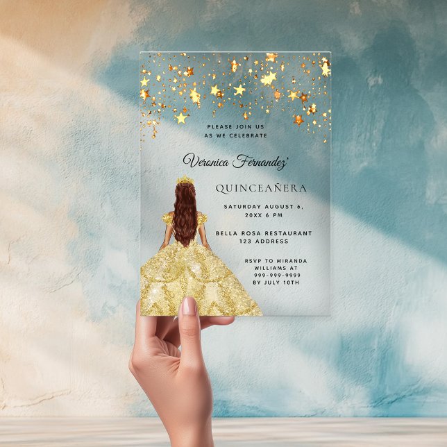 Invitaciones Acrílicas Estrellas de vestir de oro Quinceanera claras (Subido por el creador)