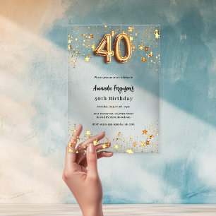 Invitaciones Acrílicas estrellas doradas cumpleaños 40 transparentes