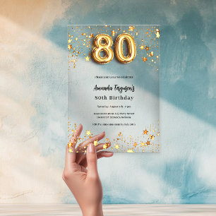 Invitaciones Acrílicas estrellas doradas cumpleaños 80 transparentes