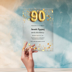 Invitaciones Acrílicas estrellas doradas cumpleaños 90 transparentes