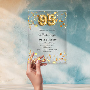 Invitaciones Acrílicas estrellas doradas cumpleaños 95 transparentes