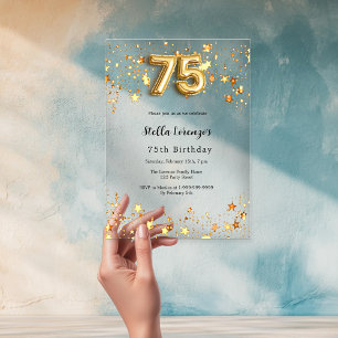 Invitaciones Acrílicas estrellas doradas de cumpleaños 75 claras
