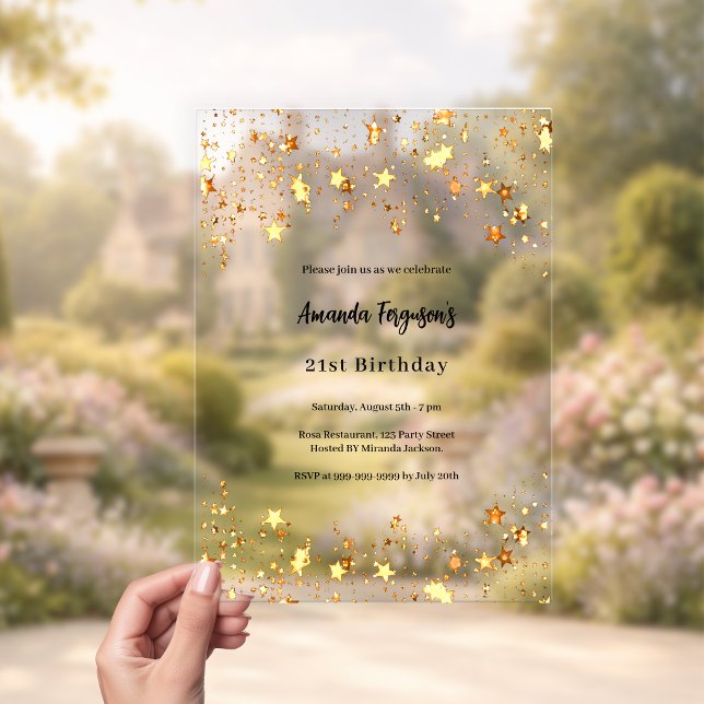 Invitaciones Acrílicas Estrellas doradas de cumpleaños transparentes (Subido por el creador)
