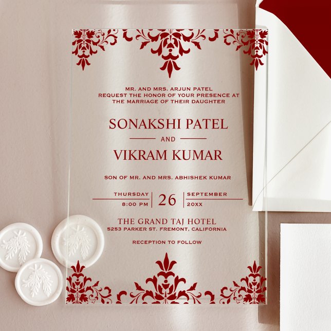 Invitaciones Acrílicas Ethnic Red Damask Indian Wedding (Subido por el creador)