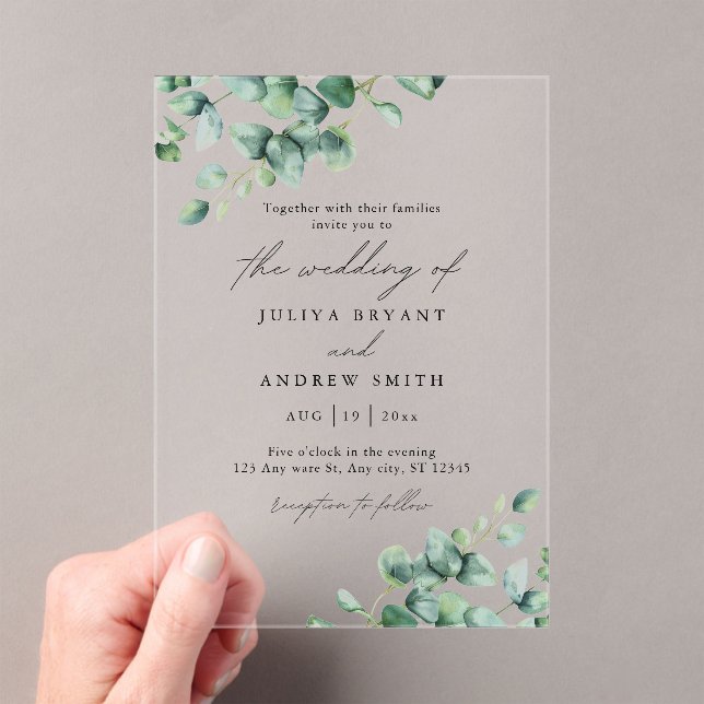 Invitaciones Acrílicas Eucalipto de verde en boda de escritura blanca (Insitu (portátil))