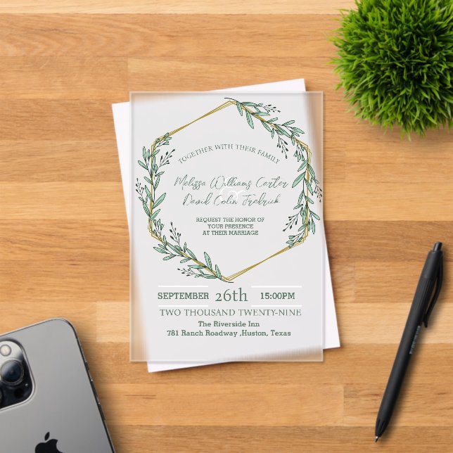 Invitaciones Acrílicas Eucalipto Geométrico Boda de Verdor Botánico (Insitu (Tarjeta de Invitación))