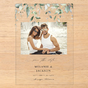 Invitaciones Acrílicas Eucalipto Glow Foto Guardar la Fecha