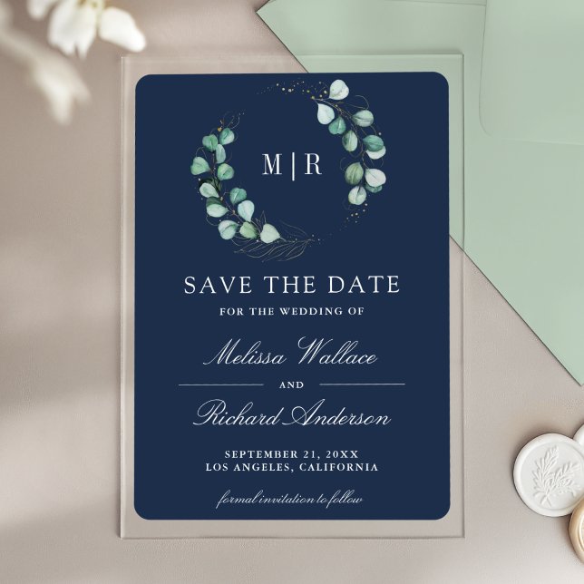Invitaciones Acrílicas Eucalipto Monograma Azul Marino Ahorra la Fecha de (Subido por el creador)