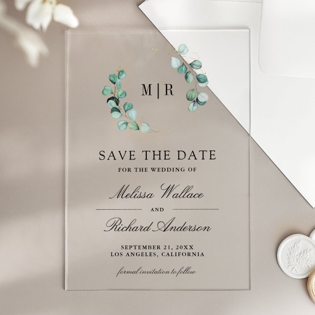 Invitaciones Acrílicas Eucalipto Monograma Boda Guardar la Fecha (Subido por el creador)
