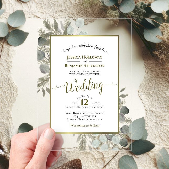 Invitaciones Acrílicas Eucalipto Rústico y Boda de Oro Elegante De Pino (Subido por el creador)